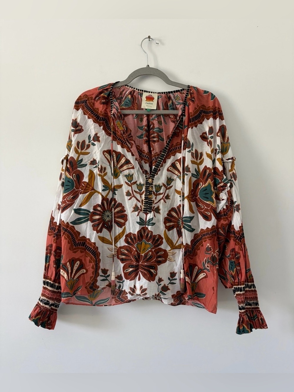 Farm Rio Anthropologie Riad Long Sleeve Ruffle V Neck Beaded Boho Blouse Large